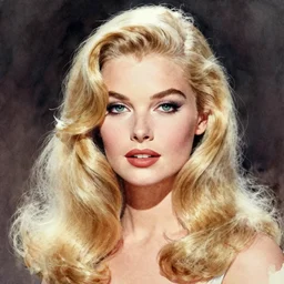 stunning award - winning portrait by peter lindbergh of a beautiful young blonde woman. vintage hollywood glamour. long shiny wavy hair. movie star makeup. vogue. watercolor painting.