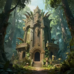 high ancient elves house in forests in an Aztec Mayan futuristic artwork