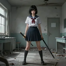 School girl holding a katana and standing on an abandoned hospital room, horror sccene,, intricate, elegant, volumetric lighting, digital painting, highly detailed, artstation, sharp focus, illustration, concept art, ruan jia, steve mccurry