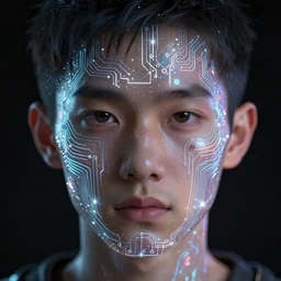 an intricate, detailed face of asian boy, translucent greebles, electronic circuits made of glittering laserbeams, bioluminescence skin with ferrofluids on it, unreal engine, trending on artstation, bladerunner 2049