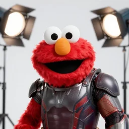 bright studio setting, studio lighting, crisp quality and light reflections, unreal engine 5 quality render, still photo of elmo as tony stark, highly detailed, photorealistic portrait