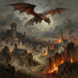 concept art of the ruins of a medieval village and a dragon flying above it, medieval, dark concept art, blood, dust, fire, painting by wlop, nixeu and greg rutkowski, beautiful, semirealism, artstation, octane render, sharpness, 8 k, golden ratio