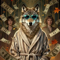 portrait, anthropomorphic wolf, striped bathrobe, curly hair, electric sunglasses, surrounded by floating autumn dollar bills, fantasy, detailed, intricate, luminescent, elegant, coherent, by mandy jurgens, hannah yata and kay sage, donato giancola, detailed, artstation, cinematic lighting, artdeco, art deco outrun aesthetic