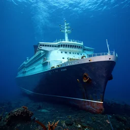 underwater photograph of a shipwreck of a huge cruise ship