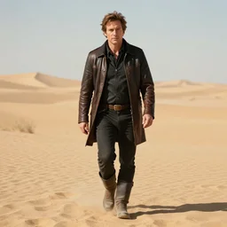 Picture of a single wanderer in black and brown leather clothes, wandering the desert landscape, full of wonders, portrayed by Bob Odenkirk, detailed face features, beautiful, walking towards you, realistic, low fantasy, extremely detailed, trending on artstation, artstationHD, artstationHQ, cgsociety, HD, 8K, no hat, Cinema quality, award winning shot, cinematic, no extra characters