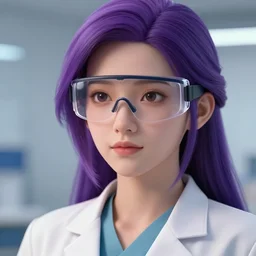 a beautiful asian female scientist, cute and calm, purple hair, goggles, character, closeup headshot, in the style of artgerm, artstation, wlop, alexis franklin, cgsociety, 8 k resolution, detailed