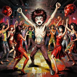 techno party, dancing, ecstatic artwork by junji ito and jeff koons