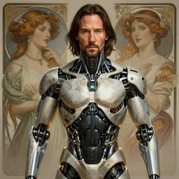 full figure ultra realistic illustration, keanu reeves as cyborg, intricate, elegant, highly detailed, digital painting, artstation, concept art, smooth, sharp focus, illustration, art by artgerm and greg rutkowski and alphonse mucha
