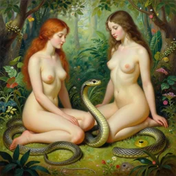 an amazing realistic painting of adam and eve next to a beautiful snake in the beautiful garden of eden, painting by adam miller, amazing detail, beautiful art, smooth, elegant, intricate, vibrant
