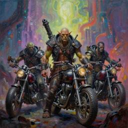 a cinematic shot of a post - apocalyptic psychedelic scifi orcish biker gang, oil painting my michael whelan art