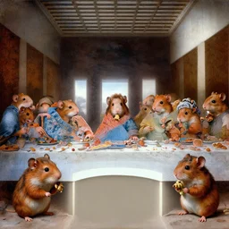 beautiful painting of anthropomorphic hamsters eating dinner at a long table in the style of The Last Supper, by Leonardo da Vinci, intricate, highly detailed, artstation, sharp detailed faces, 8k