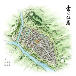 map of a village by a great river, forest, by tolkien, by victo ngai, ink, calligraphy, stylized