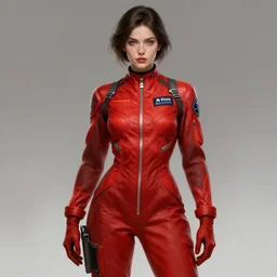 a female wearing a skintight red mechanics jumpsuit, intricate, elegant, highly detailed, digital painting, artstation, concept art, smooth, sharp focus, illustration, art by artgerm and greg rutkowski and alphonse mucha, 8 k