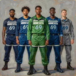 portrait minnesota timberwolves military, full battle ready, 1 8 8 9, in full military garb, midnight blue, aurora green, lake blue, moonlight grey, oil on canvas by william sidney mount, trending on artstation
