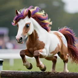 action shot from a distance of 2 0 m of a hybrid my little pony ( appaloosa horse ), professional, high quality, multi colored mane, steeplechase race, 4 k, dof, bokeh, action, dramatic lighting, photorealistic, detailed, hq, photorealism