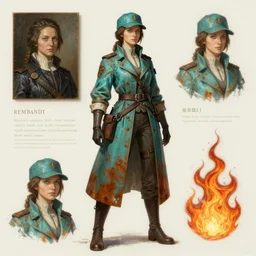 character concept sheet of a detective woman. by ( rembrandt painting ( 1 0 0 ) ( fractal flame ) ), highly detailded, turquoise rust