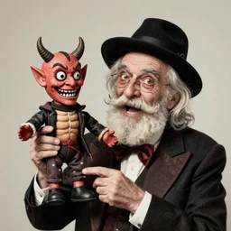 hyper realistic old 1 9 8 0 photography of lunatic mad ventriloquist occultist old man with terrific haunted devil puppet