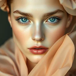 close up of face of a fashion model in luxury dress, pastel shades of light blue and light gold, by william turner, official valentino editorial, highly detailed