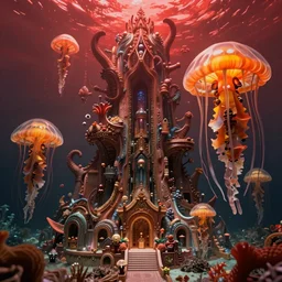 hyperrealistic ornate underwater bio-morphic city of atlantis guarded by giant orange and yellow cyborg jellyfish matte painting concept art alex grey hajime sorayama cinematic soft red lighting low angle hd 8k sharp shallow depth of field