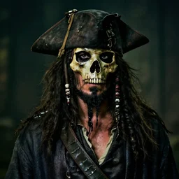 scene of a dirty rugged old pirate lord wearing dirty old black hat, black coat and a worn and stained skull bone mask, long black beard and long black hair, dark scene with dim light, colored movie scene, depth of field