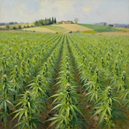 cannabis fields in italian landscape, oil painting