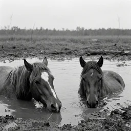 movie still by tarkovsky of horses heads floating on mud pond, swamp backround, cinestill 8 0 0 t 3 5 mm b & w, heavy grain, high quality, noir, natural textures, photorealistic, ambient occlusion, hd, ultra wide lens, anamorphic