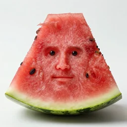 a slice of red water melon with the face of mel gibson
