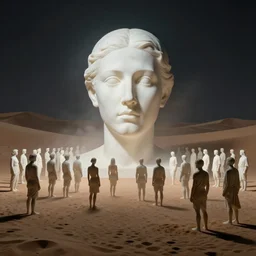 simplicity, desert dunes, high exposure at night, marble sculptures of a crowd of people everywhere, portrait face, apocalypse, ethereal, by miles johnston, by william godward, by moebius, by simon stalenhag, by gustave dore, by andrew jones, by pekka halonen, by beeple, volumetric lighting, masterpiece