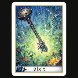 dixit card, strange place, giant, spiked club, spikes, birds, fish and chips, focal point, character transforming, dark fantasy, intricate, orthographic, amazing composition, colorful watercolor, by ruan jia, by maxfield parrish, by shaun tan, by nc wyeth, by michael whelan, by escher, illustration, gravity rush, volumetric, blue, green