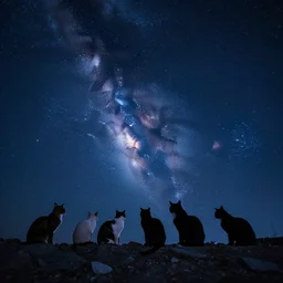 night sky full of cats and stars, dreamy, marina style