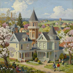 a beautiful painting of a small Victorian town in the springtime, a pretty landscape and architecture, by Roberto Aizenberg, Michael Kaluta, Zdzisław Beksiński, Dan Mumford and Thomas Kinkade, 8K, ultrafine detailed, trending on artstation
