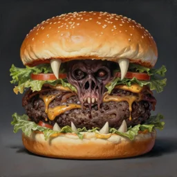 portrait of a giant hamburger with fangs, monstrous painting by karol bak, greg hildebrandt, and mark brooks, hauntingly surreal, gothic, horrifying fear.