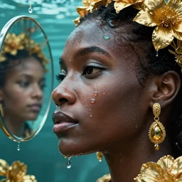 hyperrealistic precisionist cinematic profile very expressive! oshun goddess, ophelia in water! john everett millais, mirror dripping droplet!, gold flowers, highly detailed face, digital art masterpiece, smooth eric zener cam de leon, dramatic pearlescent turquoise light on one side, low angle uhd 8 k, shallow depth of field