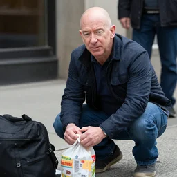 homeless jeff bezos begging for food, highly detailed, photograph