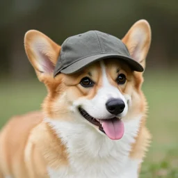 a corgi dog wearing a baseball cap, dslr photo