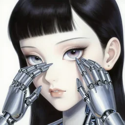luscious cyborg woman painted by hajime sorayama plucking out her own cybernetic eye using mechanical hands with long elegant metal fingers