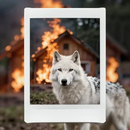lomo photo of a white wolf in front of a burning house, cinestill, bokeh, out of focus, night, dramatic lighting