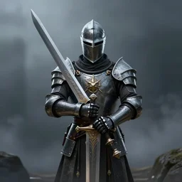 a mystic knight holding a giant sword with both hands, foggy background, highly detailed, octane render, hd wallpaper