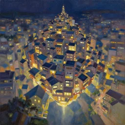 flying town. oil painting by award - winning mangaka. backlighting, chiaroscuro, intricate details, depth of field, luminescent colors.