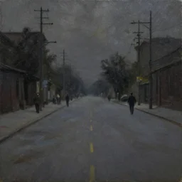 dark oil realistic painting empty communist streets with figures in the distance