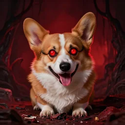 evil corgi doge laughing maliciously as he eats your stuff, horror, lovecraft, eldritch, demonic, wicked, creepy red lighting, glowing red eyes