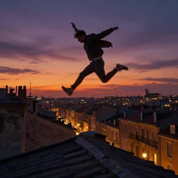 jumping on roofs throught the city at late night sunset. trending on artstation, greg rutkowski, artgerm, cgsociety, alphonse mucha, digital art, highly detailed 4 k,