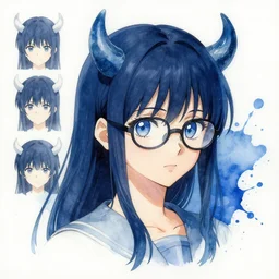 detailed anime illustration of a demon, watercolour, blue paint splash, girl with glasses, 4 k concept art, artstation