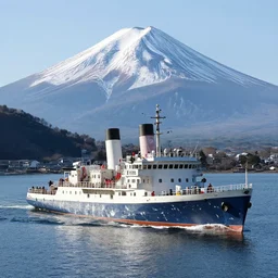 a color photograph of a zombie ship sailing in a lake. mount fuji in the background. realistic.