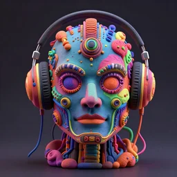 a detailed claymodel of a dieselpunk rococo robot head wearing multicolored wires and headphone, 8 k, front view, symetrical, flourescent colors, halluzinogenic, multicolored, exaggerated detailed, front shot, 3 d render, octane