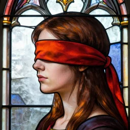 detailed side - view portrait of a blindfolded woman, brown pigtails, red and orange blindfold, gothic stained glass window, masterful