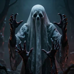 ghost with 4 hands, head covered, scary, evil, cinematic, award winning, hd, art, hell, 3 d, depth of field