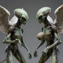 aliens brainsuckers fighting with christian angels, perfect face, fine details, studio lighting, subtle shadows, art by katsuya terada, photorealism, hyper realism, octane render, hyper detailed, canon eos r 3, f / 1. 4, iso 2 0 0, 1 / 1 6 0 s, medium shot, 8 k, raw, unedited, in - frame,
