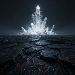 octane render uhd, 8 k art photography, filmic lighting, cinematic art shot, hyperrealistic, hyperdetailed, super detailed, 8 k, high resolution, vast dark granite landscape with mysterious strangle glowing crystalline structure made of white rocks in the far distance, particle simulation, strange obscure alien structure with various cables veins and red led lights, painting by ross tran and ivan aivazovsky, black water, midnight