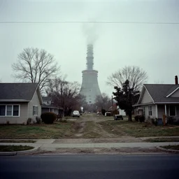 Nuclear test site suburban neighborhood late 50\'s, eerie, grain film, depressing, nuke